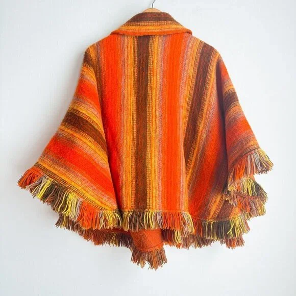Vintage Wool Bright Orange Brown Striped Poncho w Patch Pockets OS - Picture 9 of 9